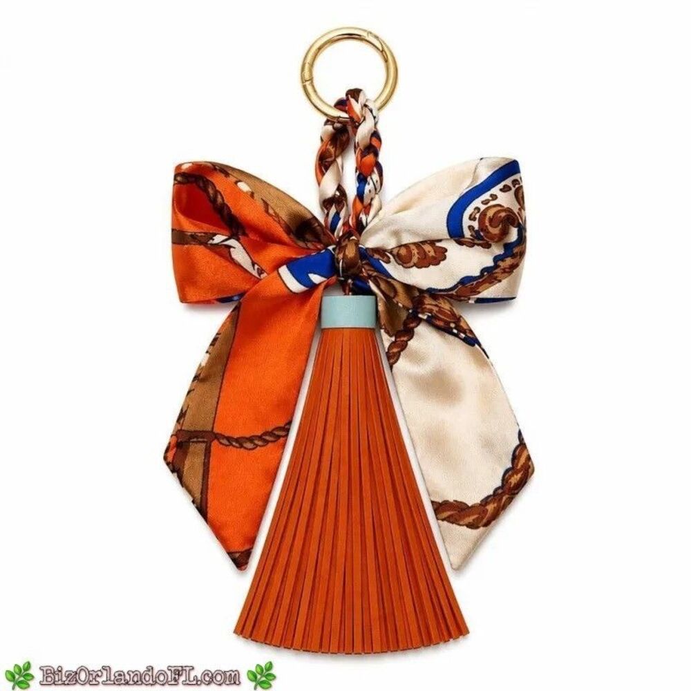 Malibu Sugar Chic Patterned Scarf Bow & Orange Tassel Handbag Charm Keychain NWT